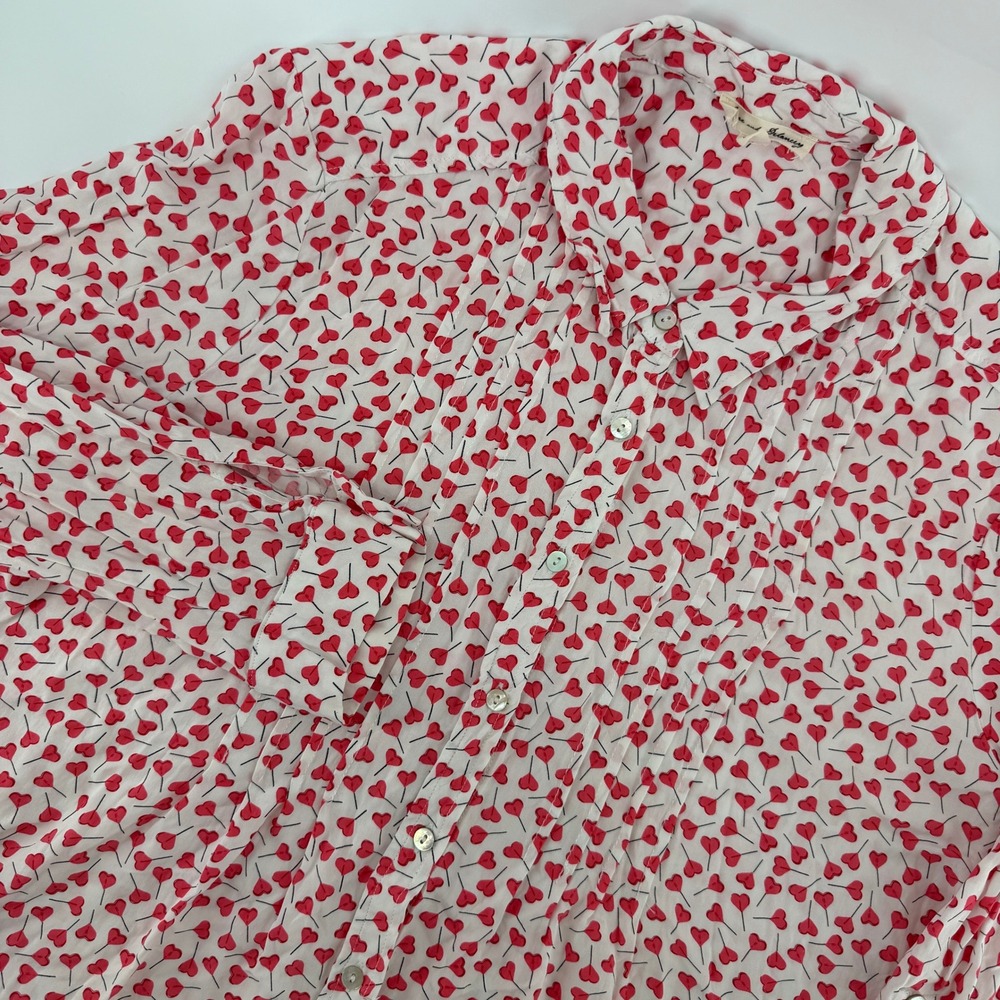 Jane and Delancey Blouse Women XL White Red Heart Lollipop Pleated Button Down